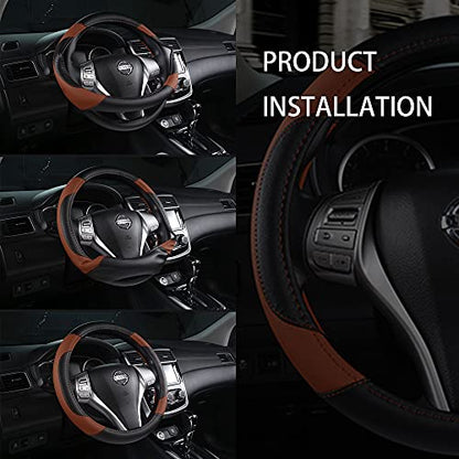 Leather Car Steering Wheel Cover, Non-Slip Car Wheel Cover Protector Breathable Microfiber Leather Universal Fit for Most Cars(Brown) - color: Brown