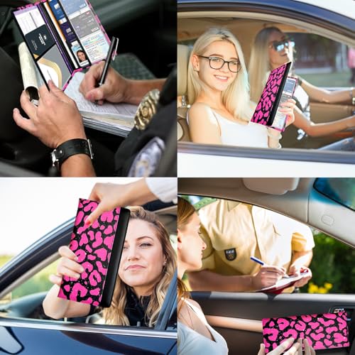 Car Registration and Insurance Holder with Magnetic Closure, Universal Document Organizer for License, Insurance Cards & Glove Box Storage (Leopard-Glitter Hot Pink) - color: Leopard-Glitter Hot Pink