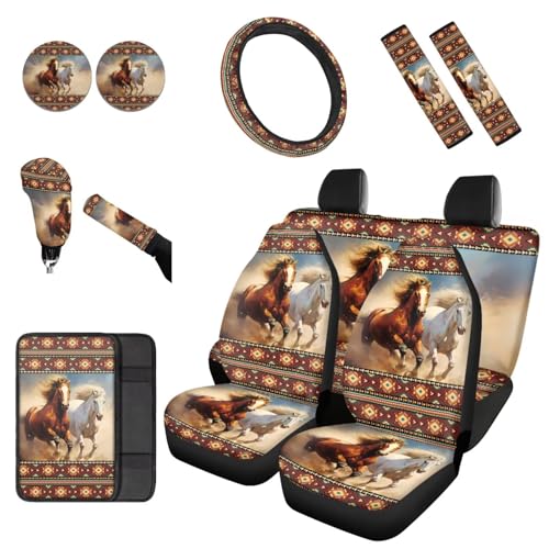 Dreaweet Aztec Horse Seat Covers for Cars Full Set,Brown South Western Car Accessories Steering Wheel Cover/Armrest Cover/Seatbelt Covers/Car Coasters/Gear Shift Cover/Handbrake Cover,12 Pcs Set - color: Aztec Horse