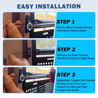Aluminum Universal RV Screen Door Closer Kit，Automatic Door Protector with Adjustable Tension, Cushioned Closing Camper Screen Doors Spring Closer for RV Camper Travel Trailer