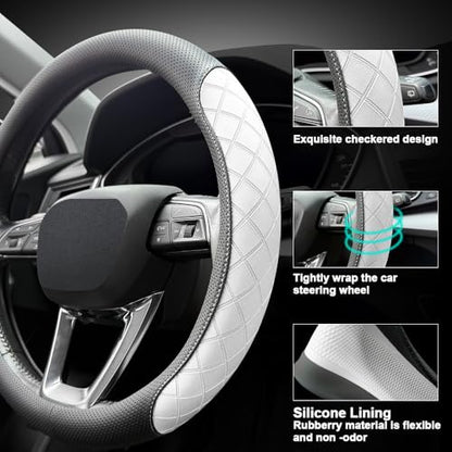 Nappa Leather Steering Wheel Cover, Elegant Diamond Checkered Design, Non-Slip wear-Resistant, Enhance Driving Comfort, Suitable for Steering Wheel Diameter 14 1/2‘-15’ Models.Black White - color: Black White