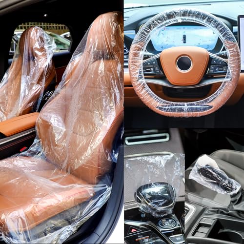 250 Pcs Disposable Car Seat Covers Clear Plastic Car Seat Covers Protector Includes Wheel Covers, Gear Selector Covers and Handbrake Cover for Auto Truck Bus Accessories