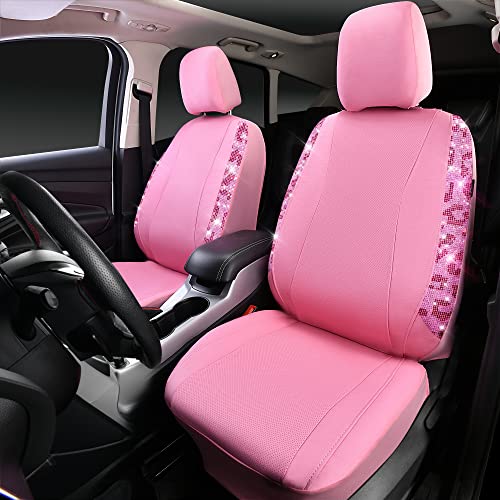 CAR PASS Leopard Diamond Car Seat Covers, Faux Leather Pink Bling Shining Rhinestones 2 Front, Universal Fit 95% Automotive Glitter Crystal Sparkle Strips for Cute Women Girl, Hot Pink - color: Leopard Print Pink, size: Two Front Seats