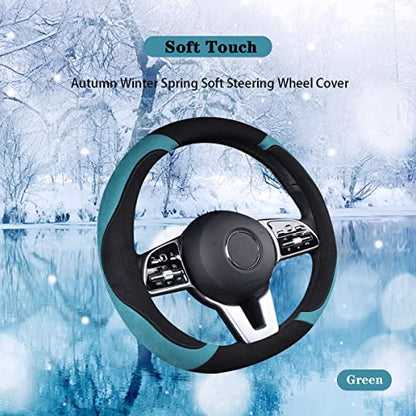 Soft Suede D Shape Steering Wheel Cover, Warm Steering Wheel Cover Fashion Universal 15 inch, Green and Black - color: Green and Black, size: D Shape