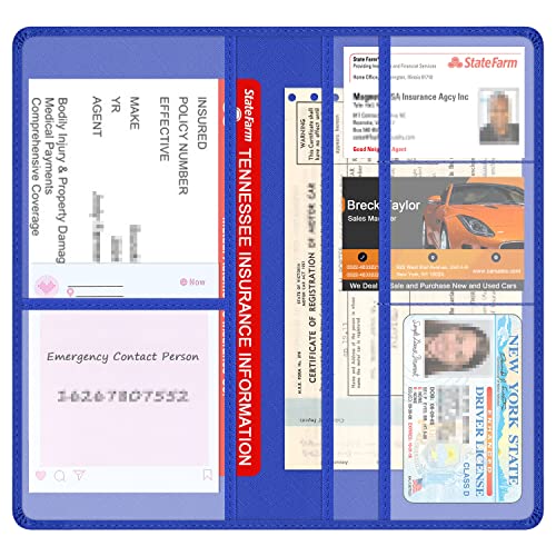 Car Insurance and Registration Holder, 9.5 x 5 Inch PU Leather Vehicle Glove Box Organizer Wallet Case for Insurance Card, Driver License, Paperwork - Blue - color: Blue