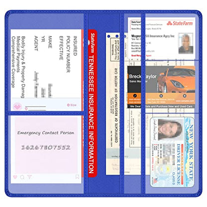 Car Insurance and Registration Holder, 9.5 x 5 Inch PU Leather Vehicle Glove Box Organizer Wallet Case for Insurance Card, Driver License, Paperwork - Blue - color: Blue