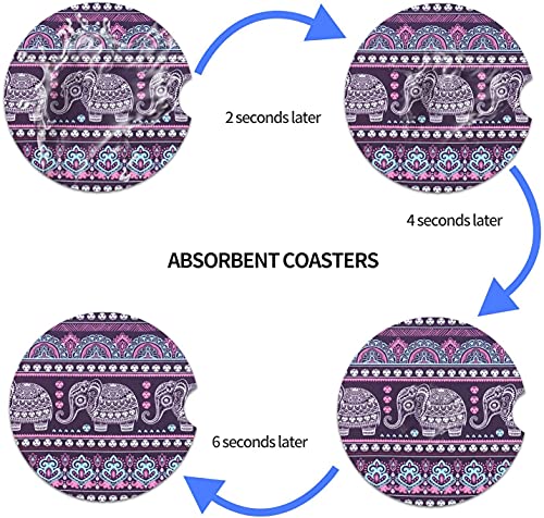 Small 2.56" Absorbent Car Coasters 2 Pack, Auto Cup Holder Accessories, Ceramic Coasters Absorb Spills to Keep Cupholders Clean (Purple Elephant) - color: Purple