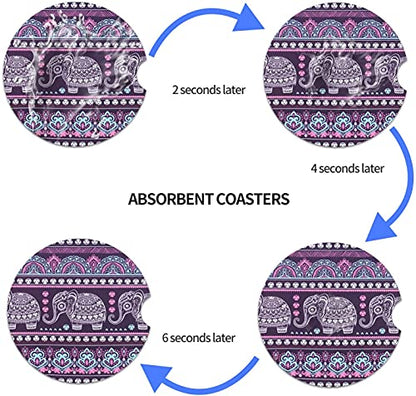 Small 2.56" Absorbent Car Coasters 2 Pack, Auto Cup Holder Accessories, Ceramic Coasters Absorb Spills to Keep Cupholders Clean (Purple Elephant) - color: Purple