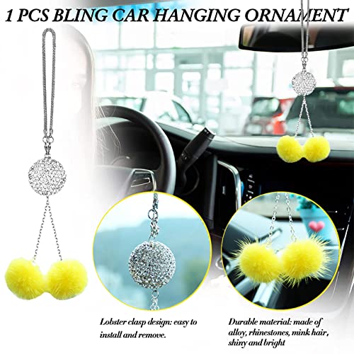 Fluffy Car Accessories Set, Fur Cute Fluffy Steering Wheel Cover Set for Women & Furry Handbrake & Gear Shift Covers & Car Rearview Mirror Pendant & 2 Pieces Bling Coasters (Yellow) - color: yellow
