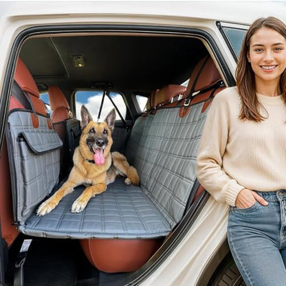 APetsPlanet Backseat Extender for Dogs, Dog Seat Cover Hard Bottom for Car Backseat & Truck Travel Bed, Platform Hammock Mat Converts Rear Seat Into Backseat Bed, Grey Leather with Door Covers - style: Grey Leather - With Door Covers