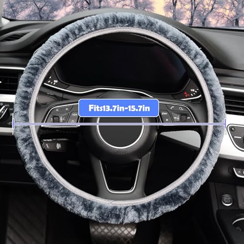 Tianmei Soft Faux Wool Winter Car Stretch-On Steering Wheel Cover (Diameter 13.7in-15.7in,Plush Gray) - color: Plush Gray - Diameter 13.7in-15.7in