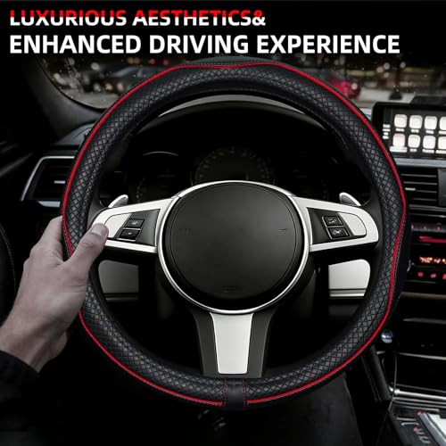 NBTEPEM Customized Auto Car Steering Wheel Cover for Toyota, Microfiber Leather Steering Wheel Covers with Anti-Slip Lining, Breathable, Safety, Soft, Sports Style (Black with Red Line) - color: Black with Red Line