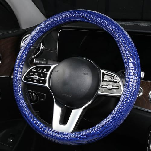 Luxury Crocodile Texture Glossy Leather Car Steering Wheel Cover, New Universal 15 Inch Vehicle Steering Wheel Cover for Cars, Trucks, Suvs, Pickups Interior Accessories (Blue) - color: Blue
