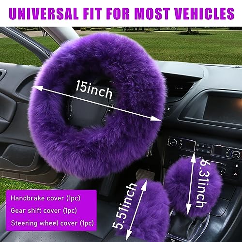 3PCS Wool Steering Wheel Cover with Fuzzy Handbrake Cover & Gear Shift Cover, Universal 15 Inch Steering Wheel Fluffy Soft Protector, Comforting Warm Car Decoration for Women Men (Purple) - style: Purple