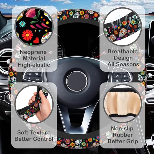 Day of The Dead Sugar Skull Steering Wheel Cover with 2 Pcs Car Coasters Neoprene Steering Wheel Cover for Women Men Anti-Slip Breathable Car Accessories Universal 15 Inch Fit Auto Cars Trucks - color: Day of the Dead Sugar Skull