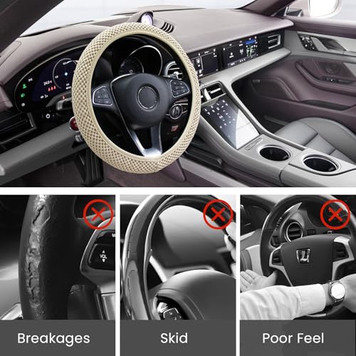 Elastic Stretch Car Steering Wheel Cover, Comfortable Steering Wheel Cover Universal for 14.5-15 Inch, Warm in Winter & Cool in Summer, Anti-Slip Breathable Ice Silk (Beige) - color: Beige