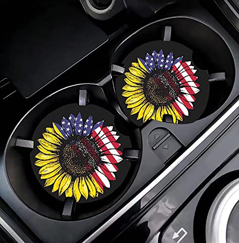 Sunflower & USA Flag 2.56" Car Coasters 2-Pack - Absorbent Ceramic Auto Coasters for Cup Holders, Keeps Your Car Clean & Dry - color: Sunflower and Usa Flag