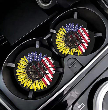 Sunflower & USA Flag 2.56" Car Coasters 2-Pack - Absorbent Ceramic Auto Coasters for Cup Holders, Keeps Your Car Clean & Dry - color: Sunflower and Usa Flag