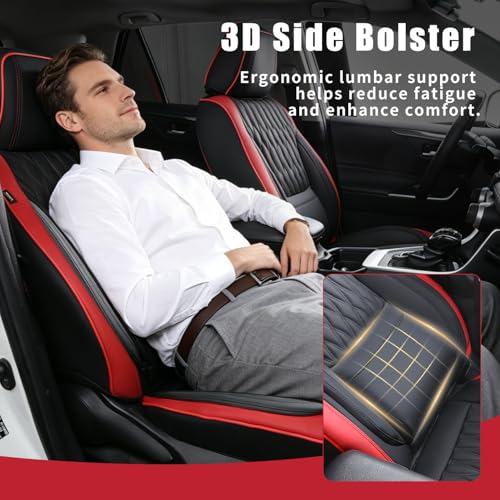 Car Seat Covers , Luxury Breathable Waterproof Faux Leatherette Car Seat Covers Cushion Protectors with Lumbar Support, Car Seat Cushion, Universal Fit Most Cars (Black-Red, Full Set - 5 Seats)