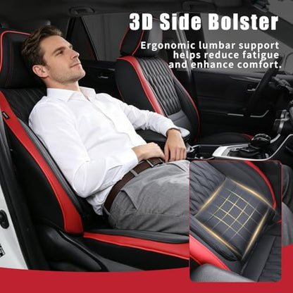 Car Seat Covers , Luxury Breathable Waterproof Faux Leatherette Car Seat Covers Cushion Protectors with Lumbar Support, Car Seat Cushion, Universal Fit Most Cars (Black-Red, Full Set - 5 Seats)