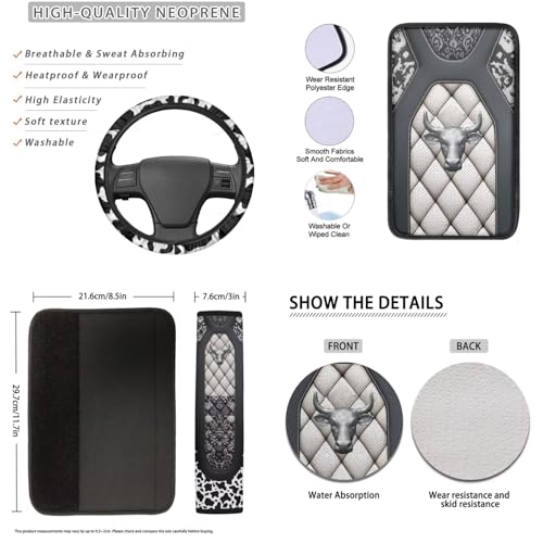 Highland Cow Printed 16 Pcs Car Interior Accessories, Car Seat Covers Sets with Steering Wheel Cover Armrest Pads Seatbelt Cover Headrest Protector Handbrake and Gear Shift Covers Set Coaster - color: Gray and White - Highland Cow