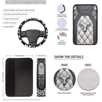 Highland Cow Printed 16 Pcs Car Interior Accessories, Car Seat Covers Sets with Steering Wheel Cover Armrest Pads Seatbelt Cover Headrest Protector Handbrake and Gear Shift Covers Set Coaster - color: Gray and White - Highland Cow