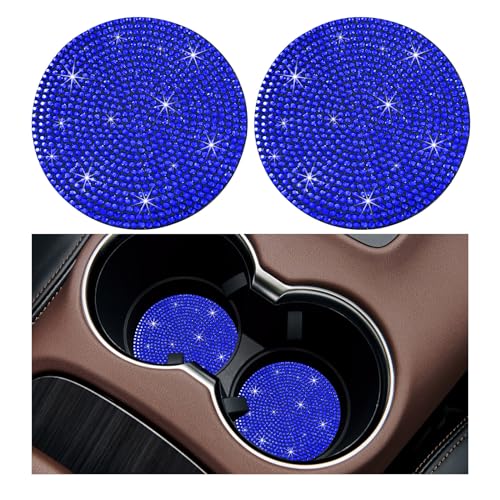 Ziciner 2PCS Bling Car Cup Holder Coaster, 2.73 Inch Anti-Slip Cup Insert Coasters, Crystal Rhinestone Auto Drink Cup Mat, Universal Interior Decor Car Accessories for Women Girls (Blue) - color: Blue, size: 2 Coaster+No Button Cover