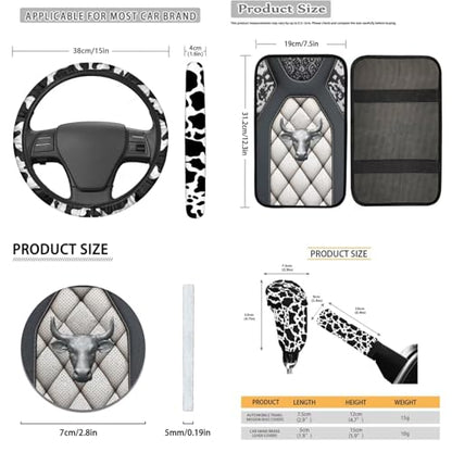 Highland Cow Printed 16 Pcs Car Interior Accessories, Car Seat Covers Sets with Steering Wheel Cover Armrest Pads Seatbelt Cover Headrest Protector Handbrake and Gear Shift Covers Set Coaster - color: Gray and White - Highland Cow