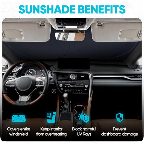 FORTEM Car Sun Shade for Windshield, Reflective Windshield Sunshade, 240T Polyester, Automotive Interior Sun Protection, Ultimate Heat and UV Shield, Foldable, Storage Bag - size: Large (65" x 33.5")