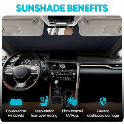 FORTEM Car Sun Shade for Windshield, Reflective Windshield Sunshade, 240T Polyester, Automotive Interior Sun Protection, Ultimate Heat and UV Shield, Foldable, Storage Bag - size: Large (65" x 33.5")