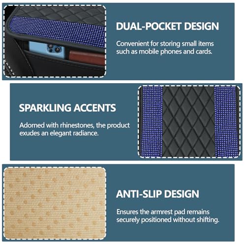 Bling Leather Car Center Console Cover, 12.2"×7.48" Crystal Rhinestone Automotive Arm Rest Cover with Side Pockets, Universal Vehicle Armrest Protector, Interior Car Accessories (Royal Blue) - color: Royal Blue