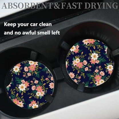 2pcs Flowers Pattern Car Cup Holder Coasters - Hippie Car Accessories, Universal Auto Anti Slip, Rubber Coasters with A Finger Groove - color: Flowers