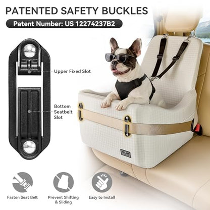 PETSFIT Dog Booster Car Seat for Small/Medium Dogs Up to 35 lbs – Patented Safety System, 5" Memory Foam Pet Car Seat, Fully Detachable and Washable Cover, Front/Back Seat Travel Booster (Beige) - color: Beige