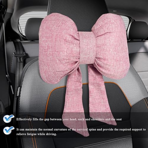 Bow Car Headrest Pillow, Breathable Ergonomic Auto Neck Cushion with Adjustable Strap, Comfy Vehicle Neck Support Pillow Cute Bow Girl-Style Decoration for Driving Seats (Pink)
