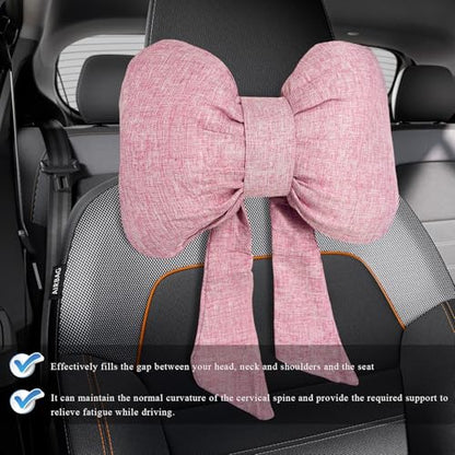 Bow Car Headrest Pillow, Breathable Ergonomic Auto Neck Cushion with Adjustable Strap, Comfy Vehicle Neck Support Pillow Cute Bow Girl-Style Decoration for Driving Seats (Pink)