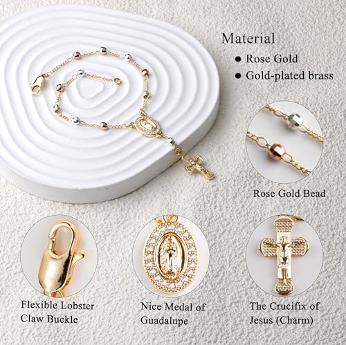 Gold Plated Beads Catholic Guadalupe Car Rearview Mirror Rosary Hanging Charm Chain for Women with Gift Box - color: Big-Faceted Beads