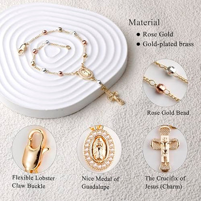 Gold Plated Beads Catholic Guadalupe Car Rearview Mirror Rosary Hanging Charm Chain for Women with Gift Box - color: Big-Faceted Beads
