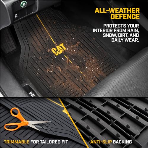 CAT® Signature™ Heavy-Duty 3-Piece All Weather Floor Mats for Cars, Trucks & SUVs – Trim-to-Fit Rubber Car Mats Full Set, Waterproof Automotive Floor Mats, Interior Accessories & Car Rug Protection