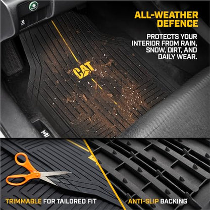 CAT® Signature™ Heavy-Duty 3-Piece All Weather Floor Mats for Cars, Trucks & SUVs – Trim-to-Fit Rubber Car Mats Full Set, Waterproof Automotive Floor Mats, Interior Accessories & Car Rug Protection