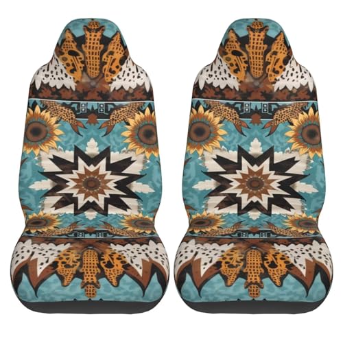Car Seat Covers for SUV Truck Van Sedans Boho Sunflower Aztec Polyester Fabric Front Bucket Seat Cover Southwest Western Cow Teal Blue Car Accessories, Set of 2pcs - color: BOHO Sunflower