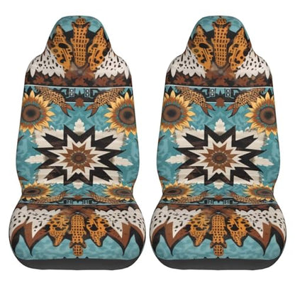 Car Seat Covers for SUV Truck Van Sedans Boho Sunflower Aztec Polyester Fabric Front Bucket Seat Cover Southwest Western Cow Teal Blue Car Accessories, Set of 2pcs - color: BOHO Sunflower