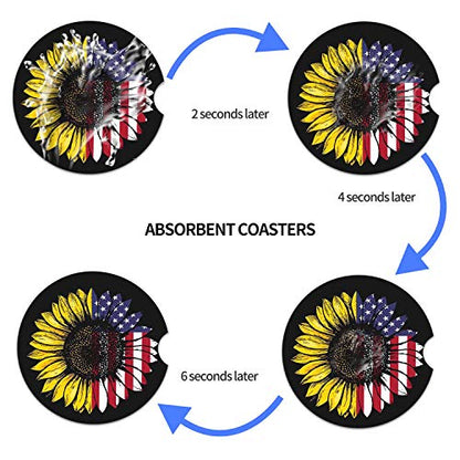 Sunflower & USA Flag 2.56" Car Coasters 2-Pack - Absorbent Ceramic Auto Coasters for Cup Holders, Keeps Your Car Clean & Dry - color: Sunflower and Usa Flag