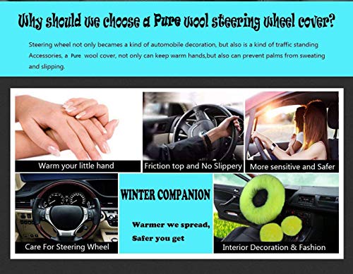 Car Steering Wheel Cover Gear Shift Handbrake Fuzzy Cover 1 Set 3 Pcs Multi-Colored with Winter Warm Pure Wool Fashion for Girl Women Ladies Universal Fit Most Car (Grass Green)