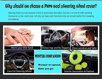 Car Steering Wheel Cover Gear Shift Handbrake Fuzzy Cover 1 Set 3 Pcs Multi-Colored with Winter Warm Pure Wool Fashion for Girl Women Ladies Universal Fit Most Car (Grass Green)