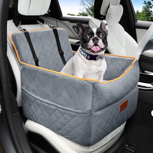 Dog Car Seat for Small Medium Dogs, Memory Foam Puppy Dog Booster Seat with Thick Cushion for Dogs Under 35lbs, Detachable Washable Pet Car Seat Travel Bed with Storage Pockets,2 Safety Belts - color: Gray