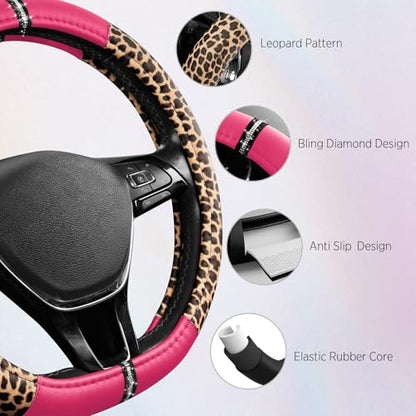 Road Comforts Leopard Steering Wheel Cover for Women, Cute Anti-Slip Microfiber Leather, Fits D Shape Flat Bottom Steering Wheel 14.5-15 Inch - HotPink - color: D Shape-HotPink