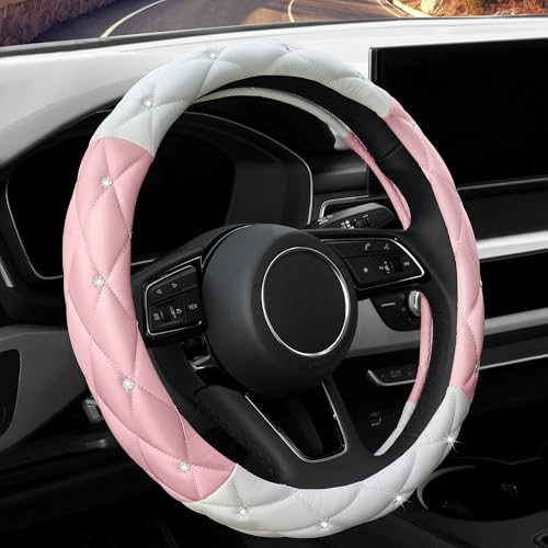 YOGURTCK Cute Diamond Soft Leather Steering Wheel Cover with Bling Bling Crystal Rhinestones, Universal 15 Inch for Women Girls, Fit Vehicles, Sedans, SUVs, Vans, Trucks - Light Pink and White - color: A-Baby Pink and White