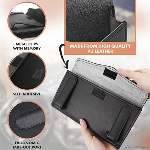 9.1 × 4.7 x 1.5 Car Tissue Holder — PU Leather Sun Visor Tissue Holder for Car with Ergonomic Take-Out Port, Universal Fit — Refillable Napkin Storage with Metal Clip Mount, Quick Install in Seconds