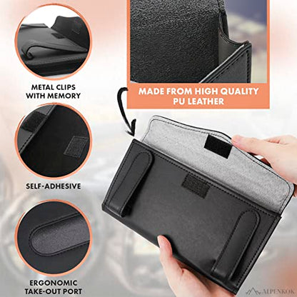 9.1 × 4.7 x 1.5 Car Tissue Holder — PU Leather Sun Visor Tissue Holder for Car with Ergonomic Take-Out Port, Universal Fit — Refillable Napkin Storage with Metal Clip Mount, Quick Install in Seconds