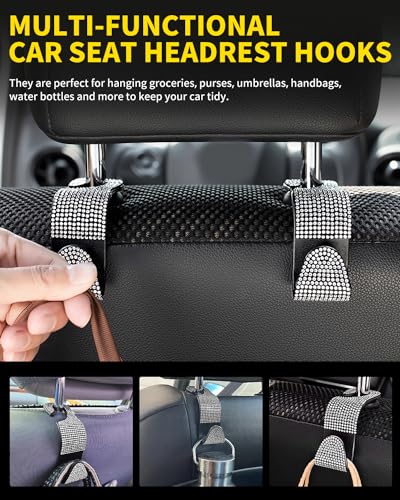 4 Pack Blink Diamond Car Seat Headrest Hooks Crystal Rhinestone Car Purse Holder Universal Interior Accessories for Handbags, Water Bottles, Coats, Umbrellas, White - color: White